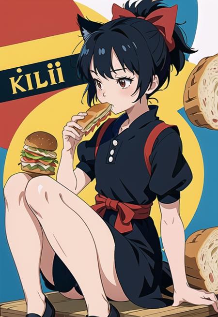 01390-3084809864-kiki from studio ghibli film kiki's delivery service, eating a sandwich, black dress, single red bow in hair.png